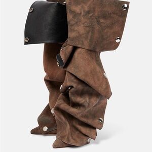 Folded Brown Suede Look Metal Button Women Knee-High Boots